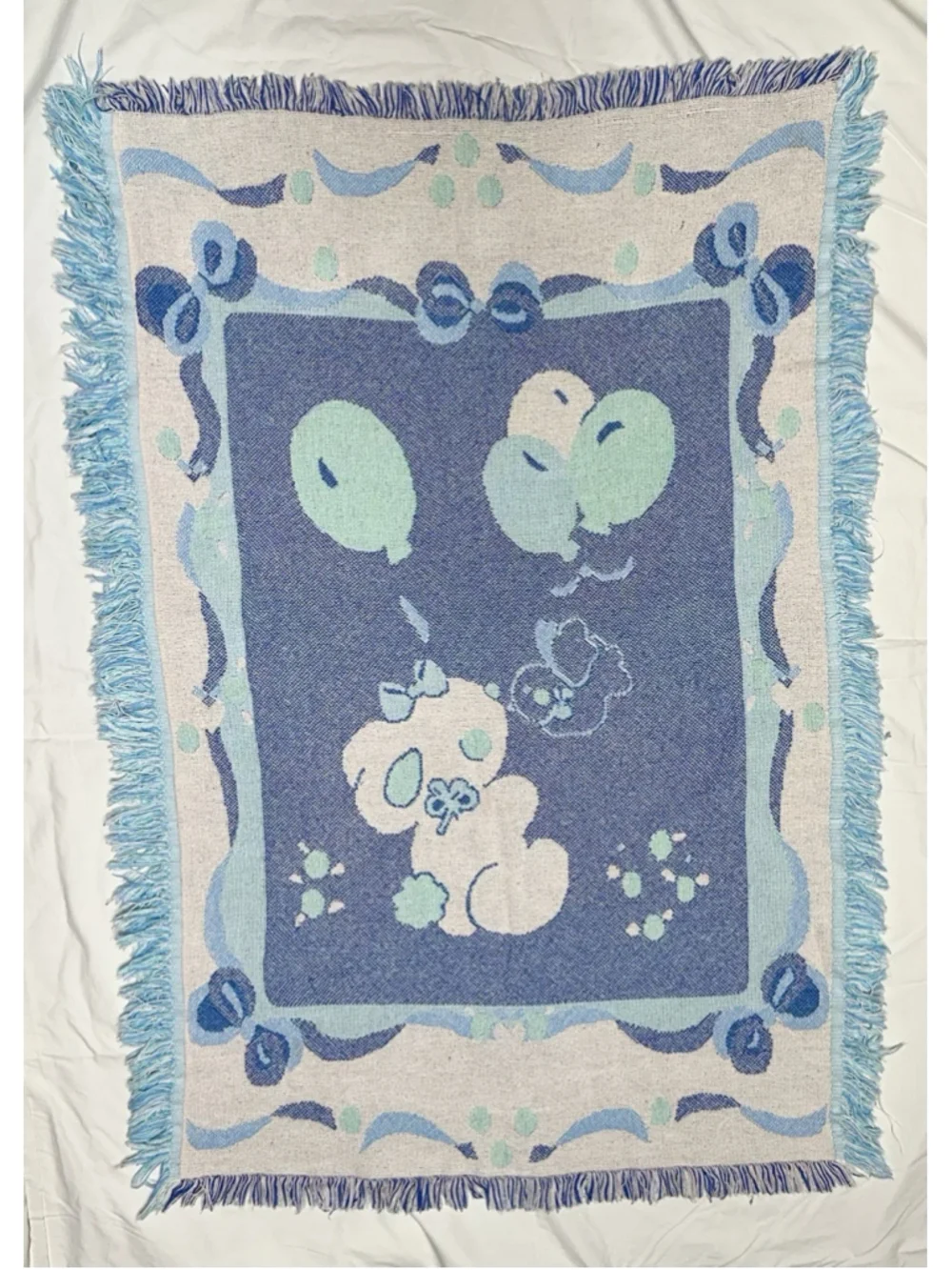 Vtg Baby Blanket Woven Tapestry Bunny Balloons Bird Pastel Cotton Fringe Throw